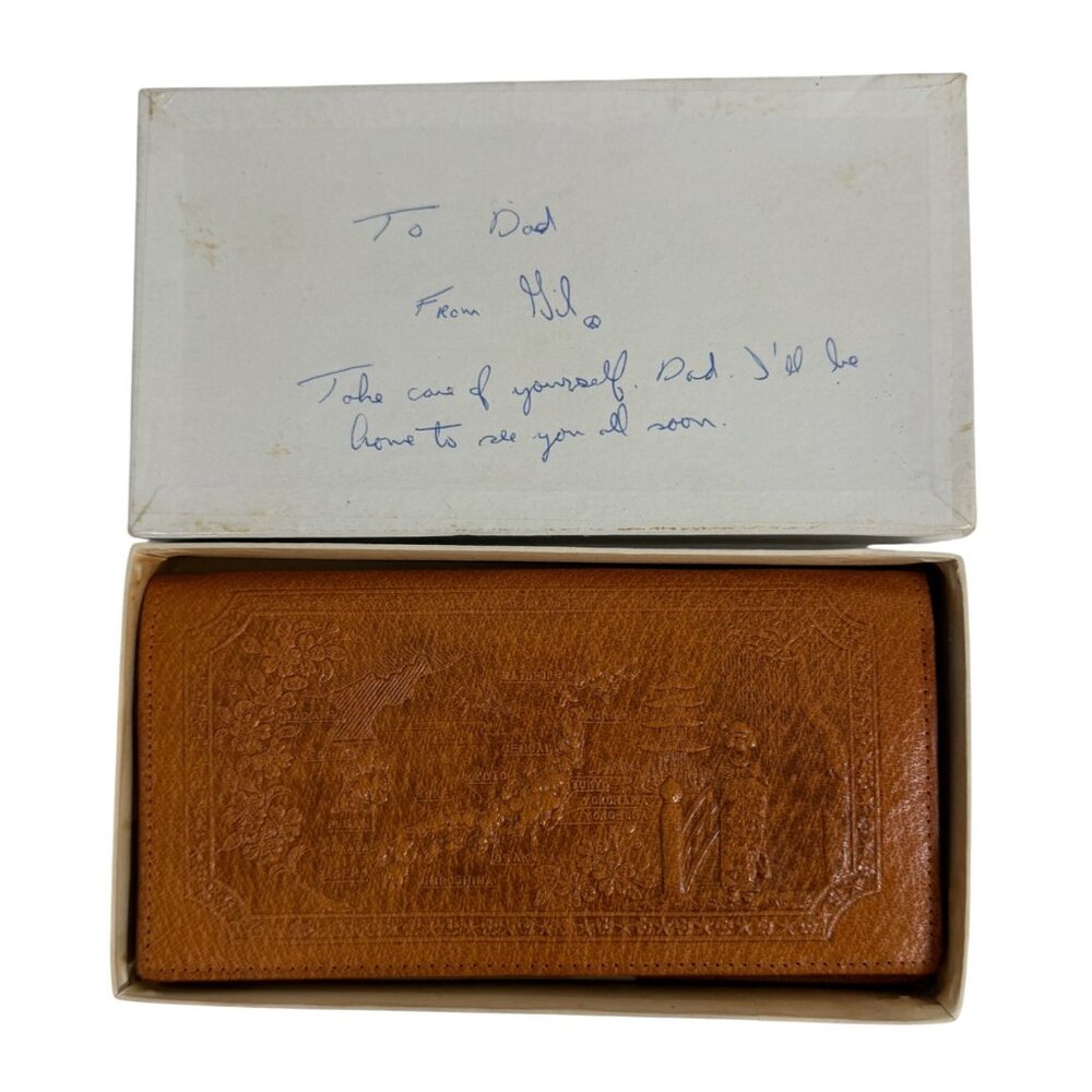 NOS Japanese Embossed Leather Bifold Brown Wallet Temple Geisha Dragon w Zipper